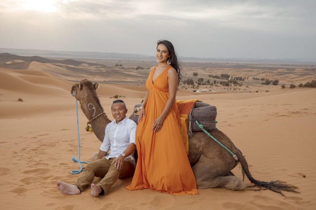 couple with camel of our Marrakech desert tours