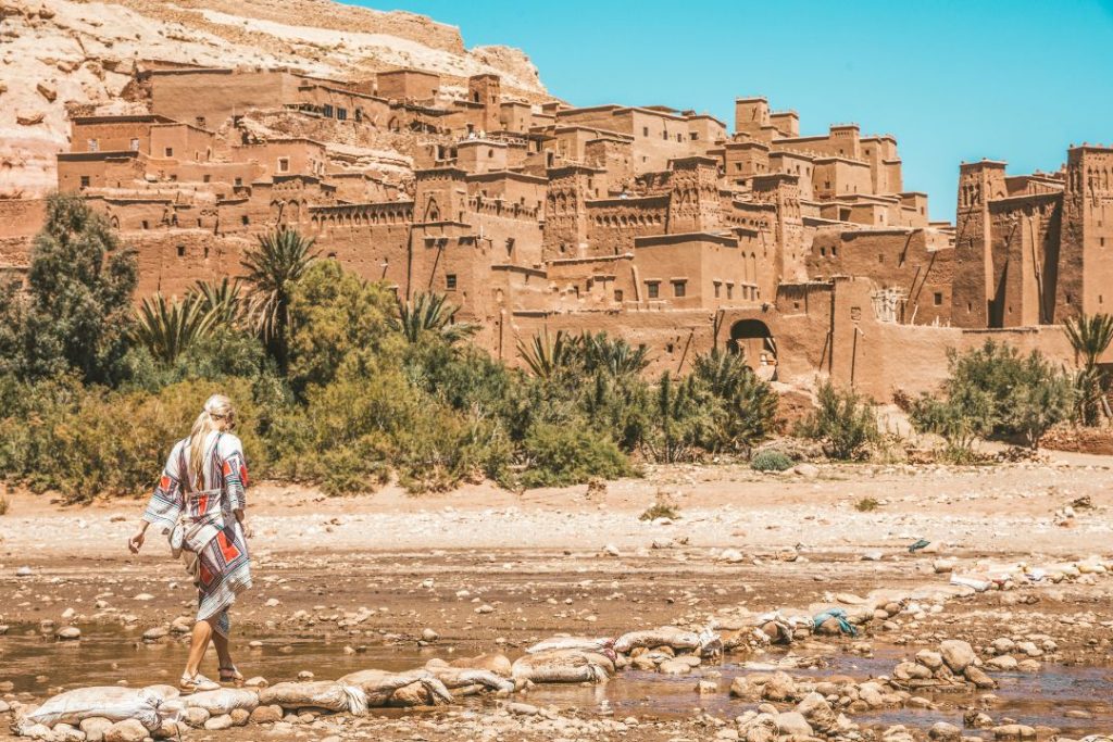 women taking walk in Ait Ben Haddou Kasbah
